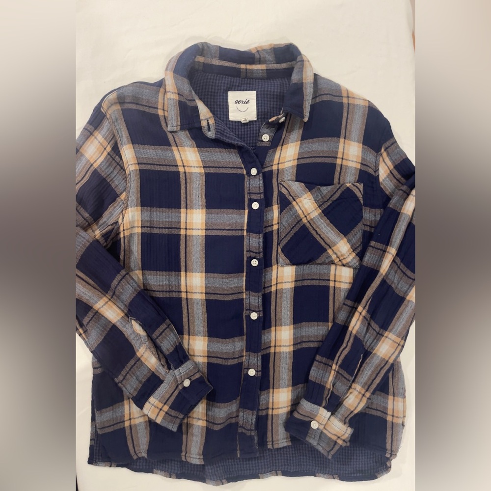 American eagle outfiters Aerie plaid shirt Navy and Tan Button-Up Shirt small